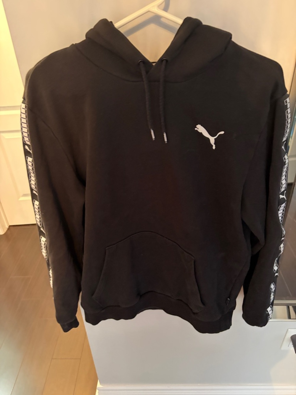 Puma Black Pullover Hoodie with White Logo and Sleeve Tape